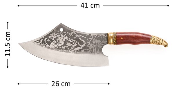Satar profesional tiger onuvio®, full tang, universal, pentru oase, feliat, tranșat, tocat, otel carbon, lama forjata, 410mm, lemn trandafir, insertii alama, husa inclusa, maro