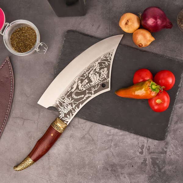 Satar profesional tiger onuvio®, full tang, universal, pentru oase, feliat, tranșat, tocat, otel carbon, lama forjata, 410mm, lemn trandafir, insertii alama, husa inclusa, maro