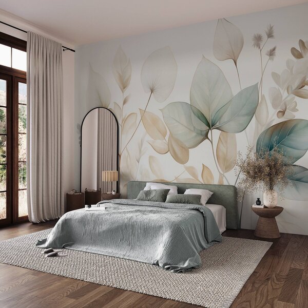 Tapet Frunze translucide texturate în nuanțe discrete de bej și verde-albastru, cu tulpini delicate pe, Imagini de fundal unice, w09583 : Uwalls.ro
