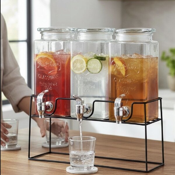 Set 3 dozatoare din sticla pentru limonada cu suport metalic, recipiente pentru bauturi si sucuri