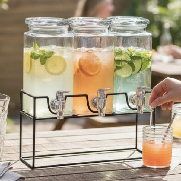Set 3 dozatoare din sticla pentru limonada cu suport metalic, recipiente pentru bauturi si sucuri