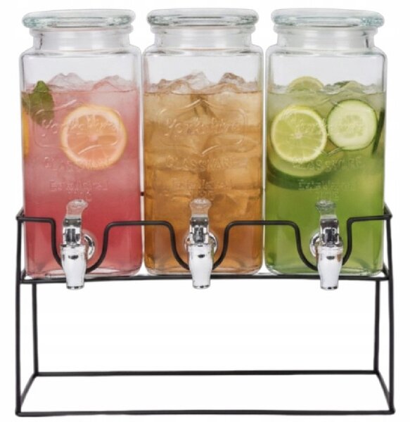 Set 3 dozatoare din sticla pentru limonada cu suport metalic, recipiente pentru bauturi si sucuri