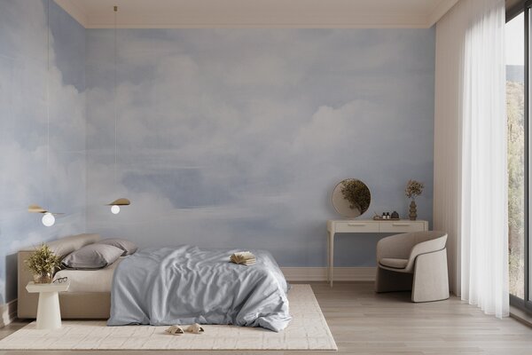 Tapet Cer texturat în culori pastelate, plin de nori albi, cu o estetică delicată și minimalistă, Fototapet Cer, w09589 : Uwalls.ro