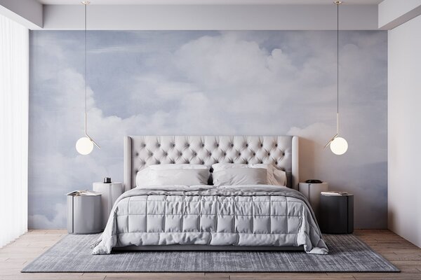 Tapet Cer texturat în culori pastelate, plin de nori albi, cu o estetică delicată și minimalistă, Fototapet Cer, w09589 : Uwalls.ro