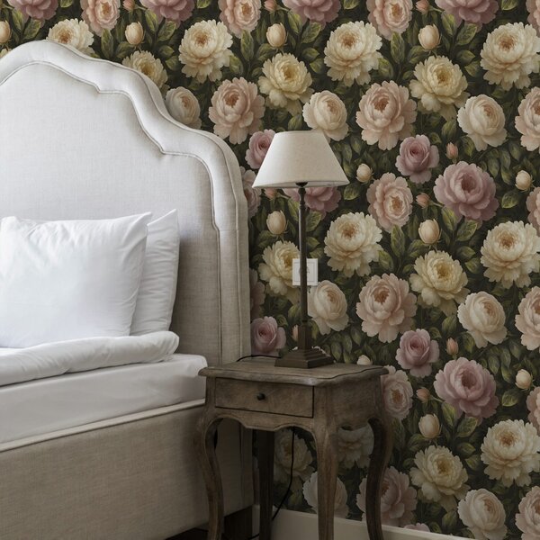 Tapet Bujori romantici pe un fundal botanic întunecat, Tapet flori, a00893 : Uwalls.ro