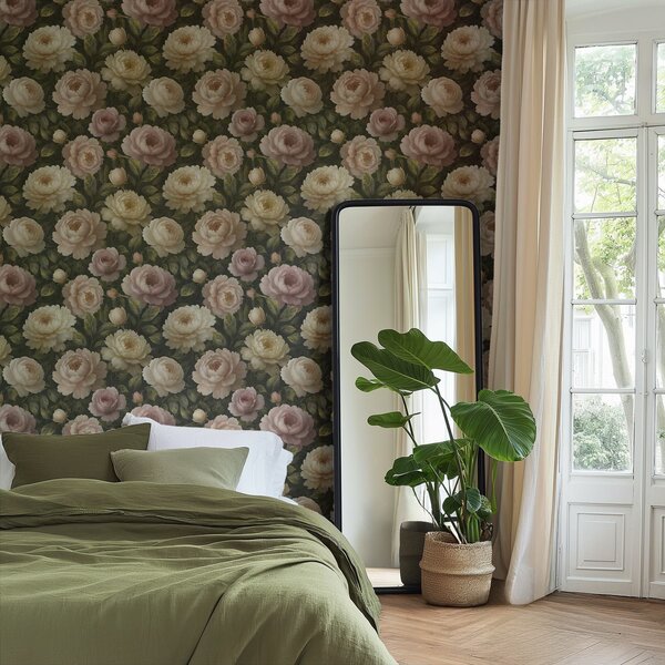 Tapet Bujori romantici pe un fundal botanic întunecat, Tapet flori, a00893 : Uwalls.ro
