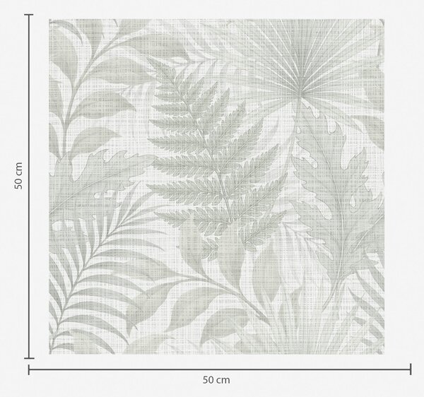 Tapet Frunze tropicale moi, de culoare gri pal, pe textură de in, Tapet flori, a00899 : Uwalls.ro