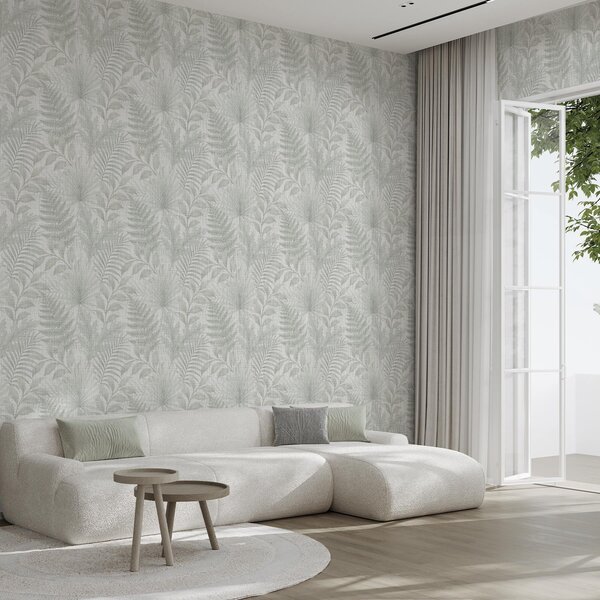 Tapet Frunze tropicale moi, de culoare gri pal, pe textură de in, Tapet flori, a00899 : Uwalls.ro