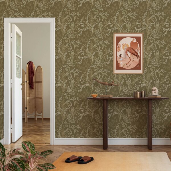 Tapet Frunze călduroase, de culoare kaki, ondulate, cu accente de culoare crem deschis, Tapet flori, a00935v4 : Uwalls.ro
