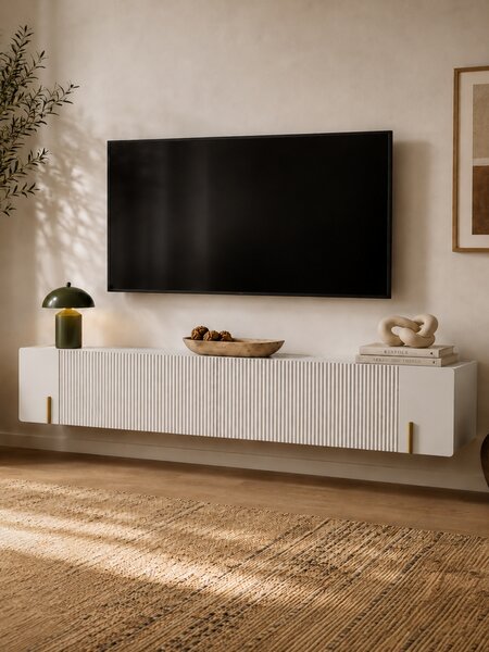 Comodă TV suspendată Malmi 200 cm - cașmir / crema bianca / auriu