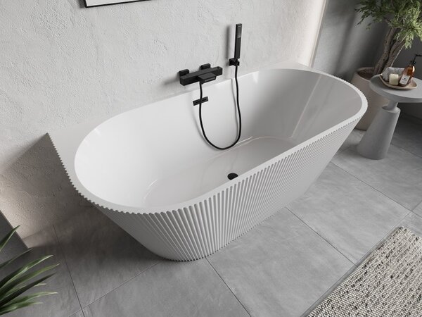 Cadă de baie independentă Mexen Oris cu caneluri 150 x 75 cm, alb lucios, preaplin negru mat, 52871507500-70