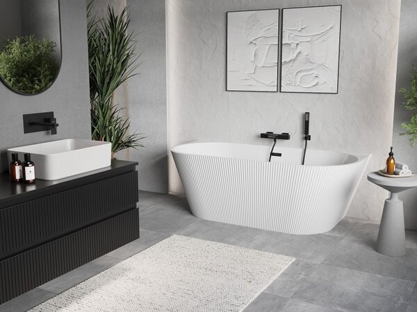 Cadă de baie independentă Mexen Oris cu caneluri 150 x 75 cm, alb lucios, preaplin negru mat, 52871507500-70