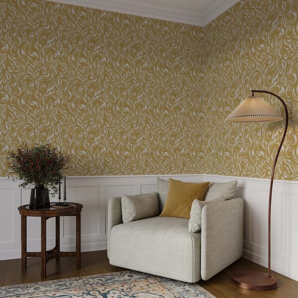 Tapet Ornament frunziș alb-crem pe un fundal ocru cald, Tapet flori, a00940v1 : Uwalls.ro