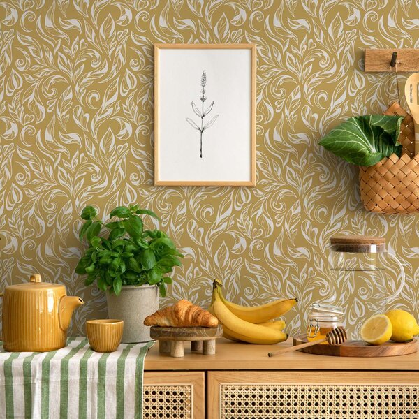 Tapet Ornament frunziș alb-crem pe un fundal ocru cald, Tapet flori, a00940v1 : Uwalls.ro