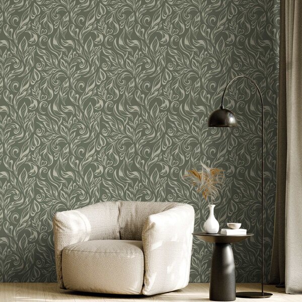 Tapet Ornament frunze crem pe fond verde-cenușiu, Tapet flori, a00940v2 : Uwalls.ro
