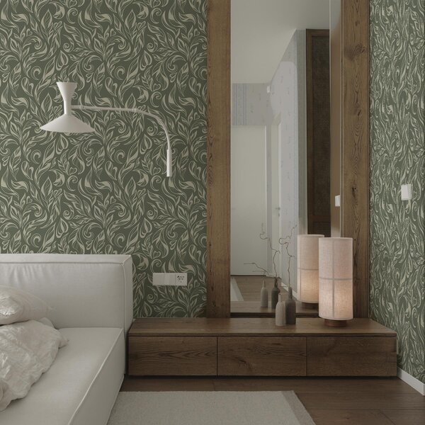 Tapet Ornament frunze crem pe fond verde-cenușiu, Tapet flori, a00940v2 : Uwalls.ro
