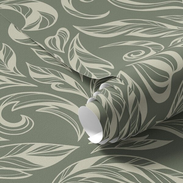 Tapet Ornament frunze crem pe fond verde-cenușiu, Tapet flori, a00940v2 : Uwalls.ro