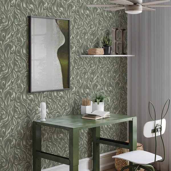 Tapet Ornament frunze crem pe fond verde-cenușiu, Tapet flori, a00940v2 : Uwalls.ro