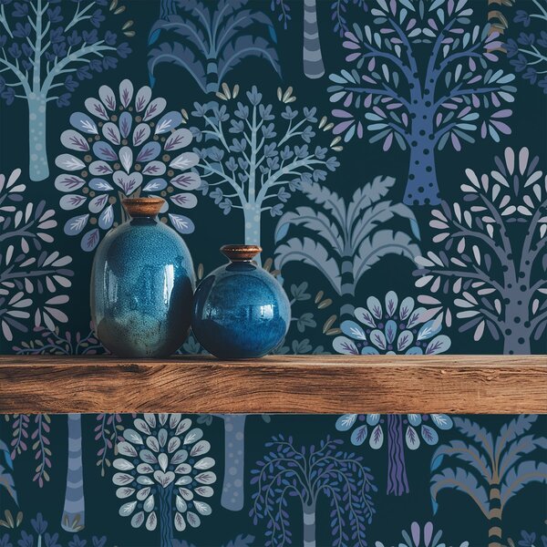Tapet Pădure nocturnă cu copaci decorativi în nuanțe de albastru, Tapet pădure, Tapet copaci, a00960v2 : Uwalls.ro