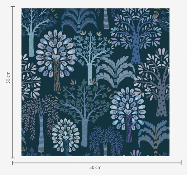 Tapet Pădure nocturnă cu copaci decorativi în nuanțe de albastru, Tapet pădure, Tapet copaci, a00960v2 : Uwalls.ro