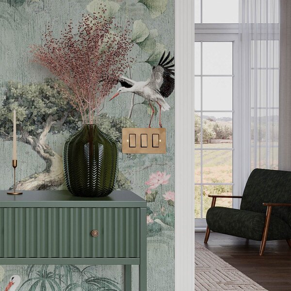 Tapet Macarale printre pini și lotuși pe un fundal verde calm, Tapet stil oriental, a00962 : Uwalls.ro