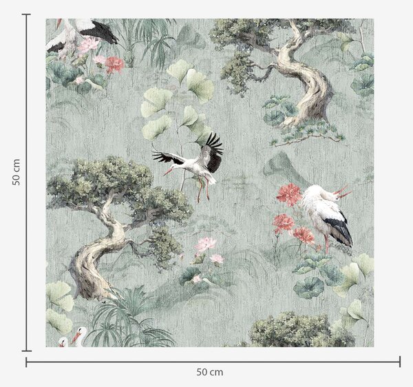 Tapet Macarale printre pini și lotuși pe un fundal verde calm, Tapet stil oriental, a00962 : Uwalls.ro