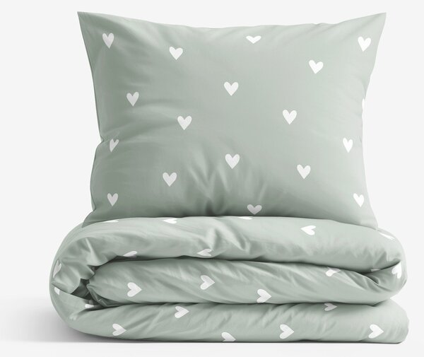 Goldea lenjerie de pat 100% bumbac - inimioare pe verde salvie 140 x 200 și 50 x 70 cm