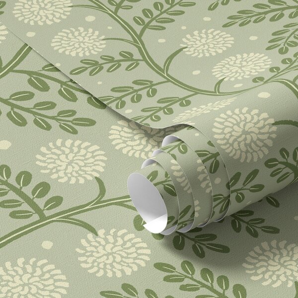 Tapet Tulpini de culoare verde salvie cu flori pufoase de culoare fildeș și puncte, Tapet flori, a00997v2 : Uwalls.ro