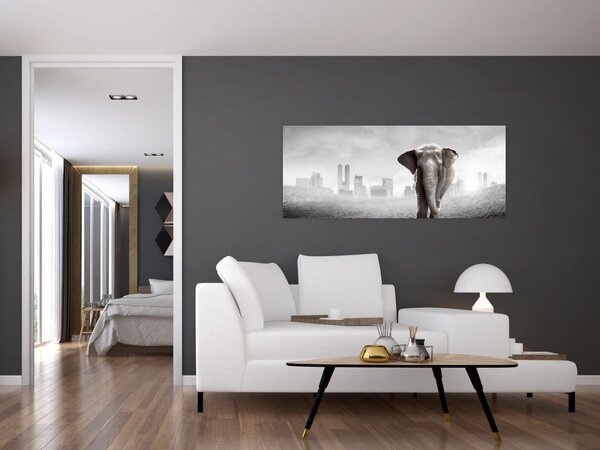 Tablou - Elefanți în oraș, versiunea alb-negru (120x50 cm)