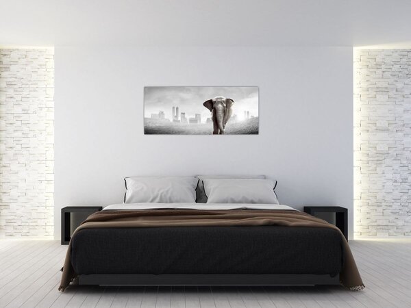 Tablou - Elefanți în oraș, versiunea alb-negru (120x50 cm)