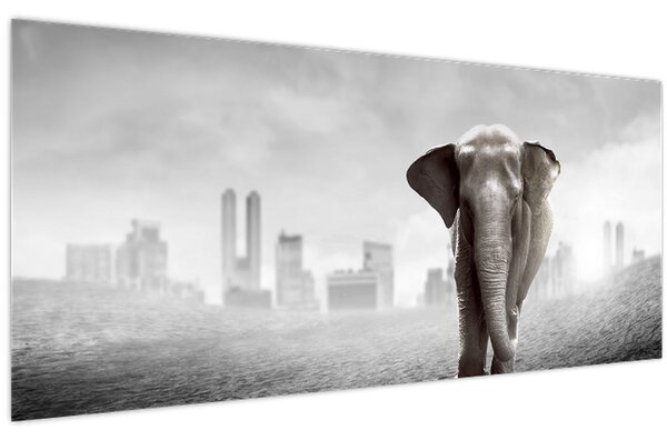 Tablou - Elefanți în oraș, versiunea alb-negru (120x50 cm)