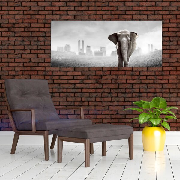 Tablou - Elefanți în oraș, versiunea alb-negru (120x50 cm)