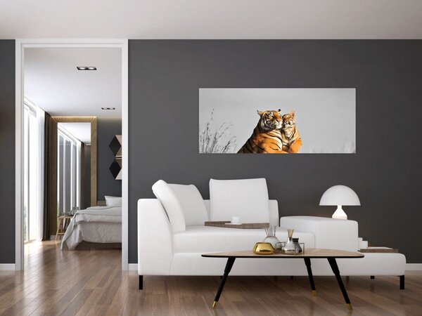 Tablou - Tigroaica cu pui, versiunea alb-negru (120x50 cm)