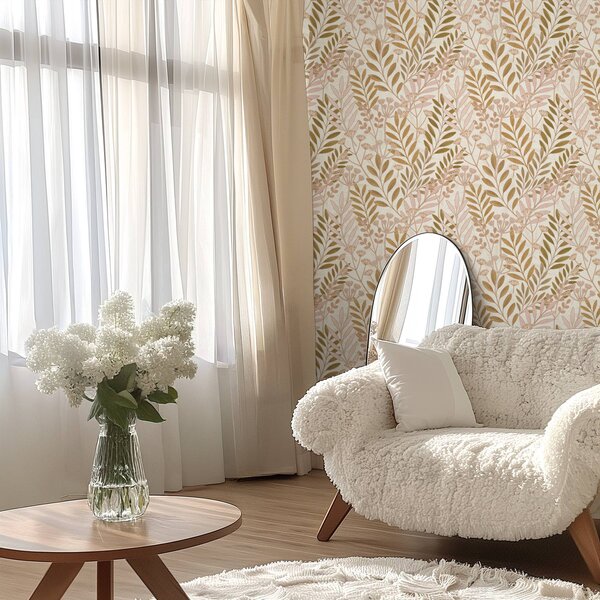 Tapet Model botanic ușor, cu frunze delicate în nuanțe de roz și ovăz, Tapet flori, a01020v1 : Uwalls.ro