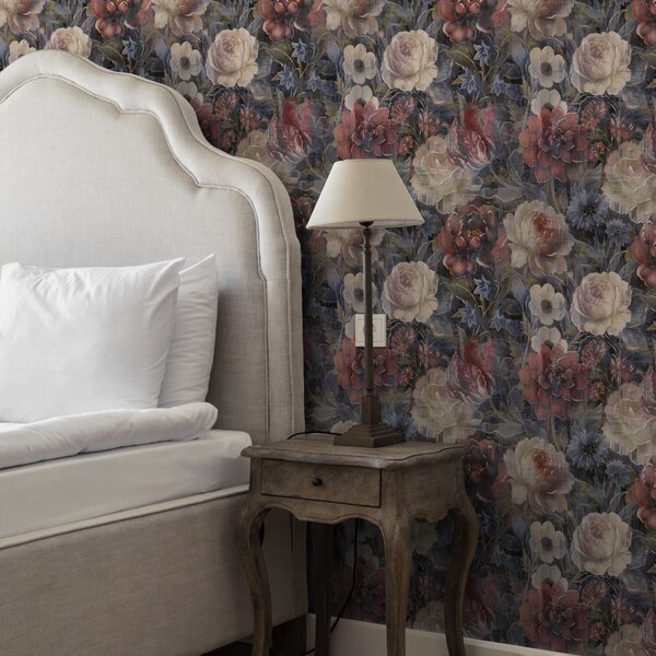 Tapet Buchet pictural de flori mari pe fundal indigo intens, Tapet flori, a01021 : Uwalls.ro