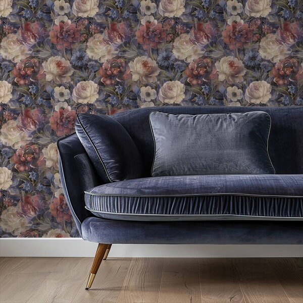 Tapet Buchet pictural de flori mari pe fundal indigo intens, Tapet flori, a01021 : Uwalls.ro