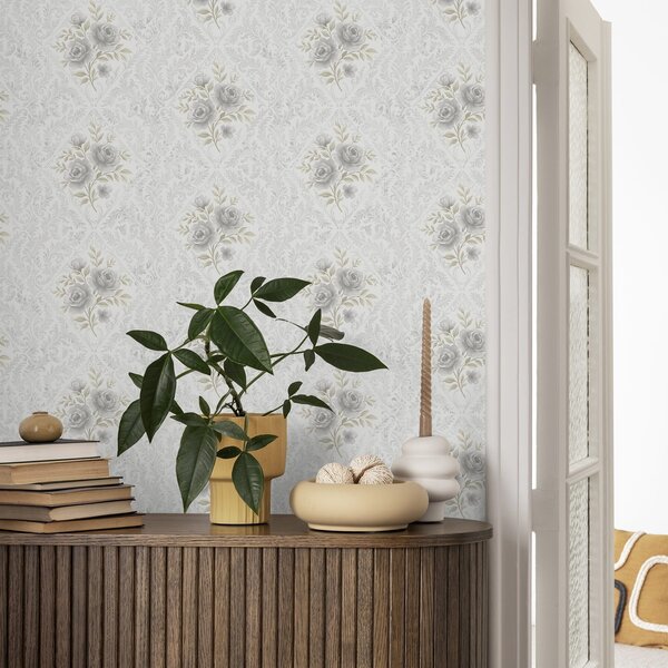 Tapet Model damasc ușor cu trandafiri gri în romburi delicate, Tapet flori, a01024 : Uwalls.ro