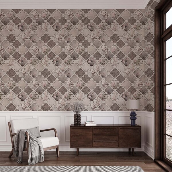 Tapet Patchwork romantic de medalioane florale în tonuri prăfuite, Tapet flori, a01027 : Uwalls.ro