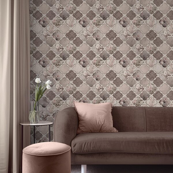 Tapet Patchwork romantic de medalioane florale în tonuri prăfuite, Tapet flori, a01027 : Uwalls.ro