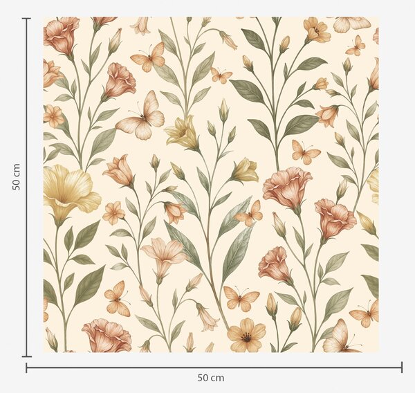 Tapet Flori delicate de piersic și fluturi pe un fundal crem cald, Tapet flori, a01026 : Uwalls.ro