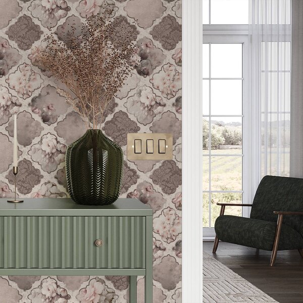 Tapet Patchwork romantic de medalioane florale în tonuri prăfuite, Tapet flori, a01027 : Uwalls.ro