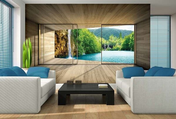 Tapet mural terasă, lac şi cascadă - 3314 - Fototapet24