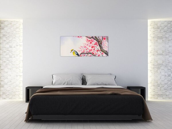 Tablou - Pasăre pe un copac cu flori roșii (120x50 cm)