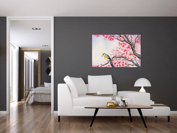 Tablou - Pasăre pe un copac cu flori roșii (90x60 cm)