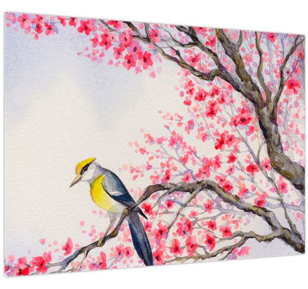 Tablou - Pasăre pe un copac cu flori roșii (70x50 cm)