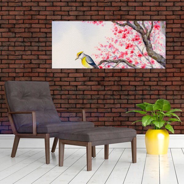 Tablou - Pasăre pe un copac cu flori roșii (120x50 cm)