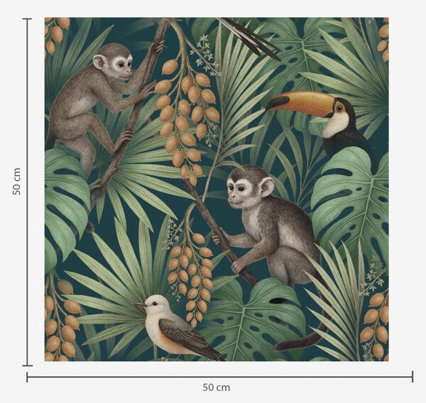Tapet Maimuțe și păsări tropicale în vegetația densă a junglei, Tapet natura, a01037 : Uwalls.ro