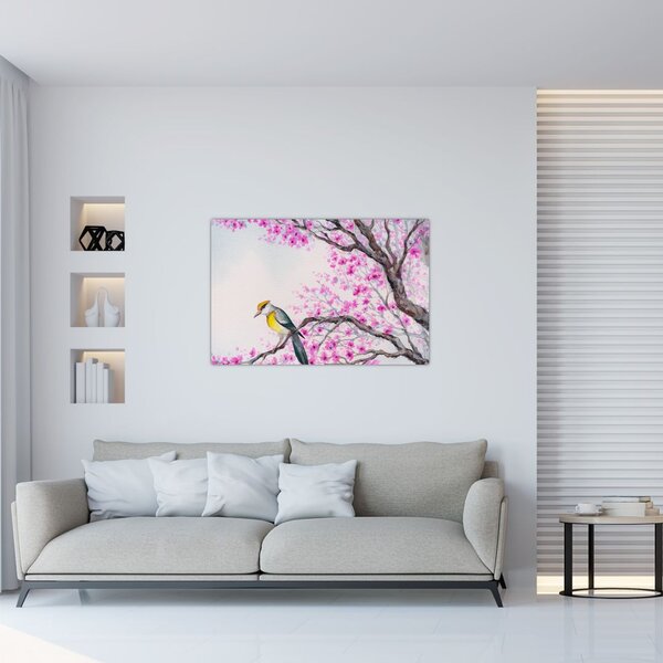 Tablou - Pasăre pe un copac cu flori roz (90x60 cm)