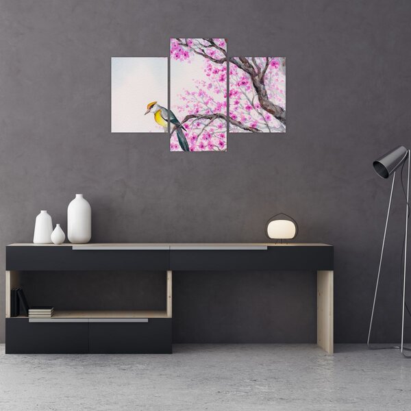 Tablou - Pasăre pe un copac cu flori roz (90x60 cm)