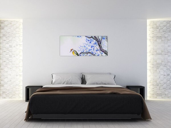 Tablou - Pasăre pe un copac cu flori albastre (120x50 cm)